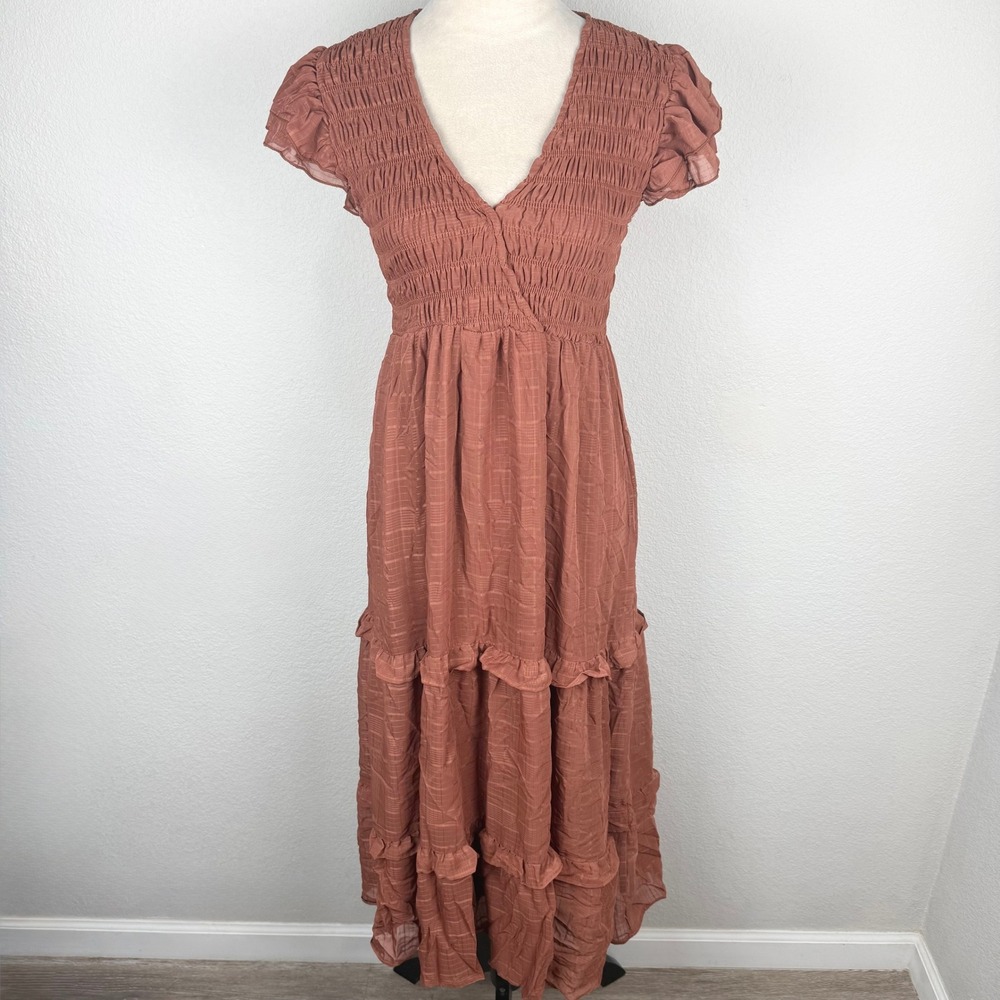 Blu Pepper Rust Smocked Tiered Maxi Dress Small CA2270 Terracotta Boho V-Neck